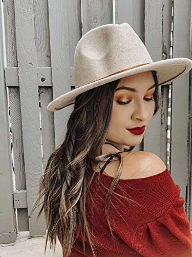 Lanzom Women Lady Retro Wide Brim Floppy Panama Hat Belt Buckle Wool Fedora Hat Fit Size 6 8/7-7 1/4 (X Belt-Beige, One Size) #TOP3