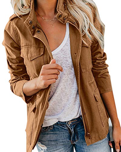 Womens Military Anorak Jacket Zip Up Snap Button Parka Safari Utility Coat Outwear with Pockets (Brown, Large)