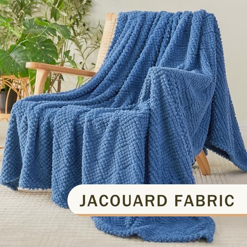 Image of EMME Fleece Blanket, 3D Jacquard Throw Blanket for Couch and Bed, Soft Cozy and Fluffy Blankets Lightweight Luxury Flannel with Waffle Design (Navy Blue, 60 inch x 80 inch)