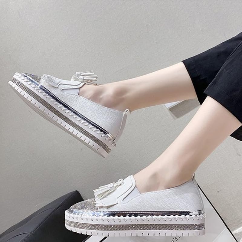 Women's Rhinestones Glitter Tassel Thick Sole Loafers Slip-on Handmade Comfortable Breathable Platform Walking Sneakers3