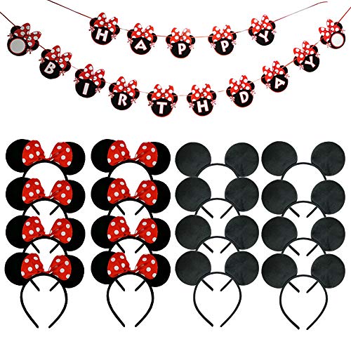 CHuangQi 16pcs Mouse Ears Headband with Red Bow and Red Happy Birthday Banner for Boys & Girls Birthday Party