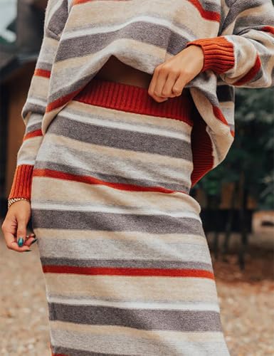 IDEALSANXUN Womens Striped Sweater Skirt Fall Winter High Waisted Pencil Midi Long Skirt2