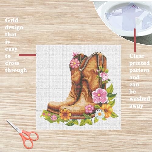 Image of FREEBLOSS DIY Cross Stitch Wall Hanging Kit Boots Full of Flowers Stamped Cross Stitch Wall Painting Retro Style Cross Stitch Home Wall Art Cross Stitch Starter Kit for Beginners with Instruction