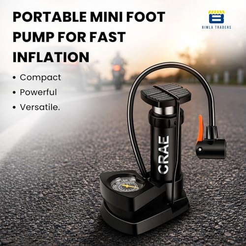 Image of CRAE High Pressure Foot Air Pump with Pressure Gauge - Portable Floor Compressor Cylinder for Car, Bike, Motorcycle, and Bicycle Tyres. Pack of 1 (AU003 Black)
