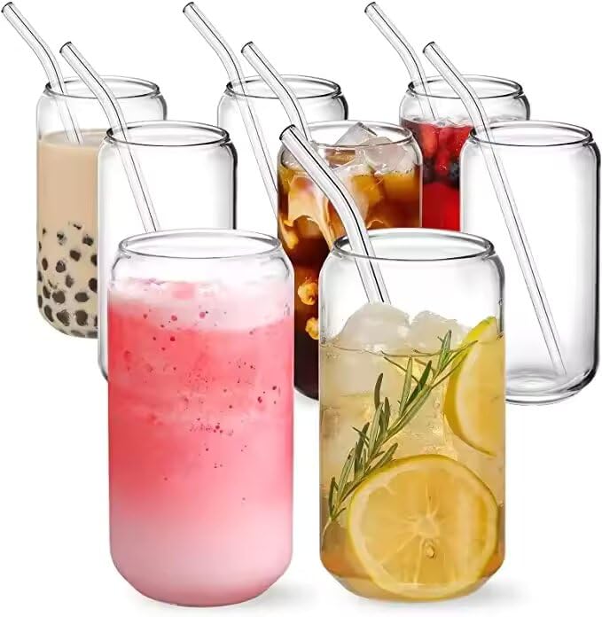 Image of ANKUL Round Glass Tea Coffee Sipper Tumbler with Starw- 510ml- Set of 2 Fruit Juice Milk Soda Water Drinking Glass Mug with Starw Cup (Round Mug, 2)