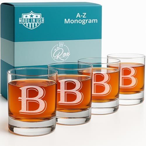 Product Image of the On The Rox Drinks 4 Piece Glass Set Engraved with B-Monogram, 11-Ounce