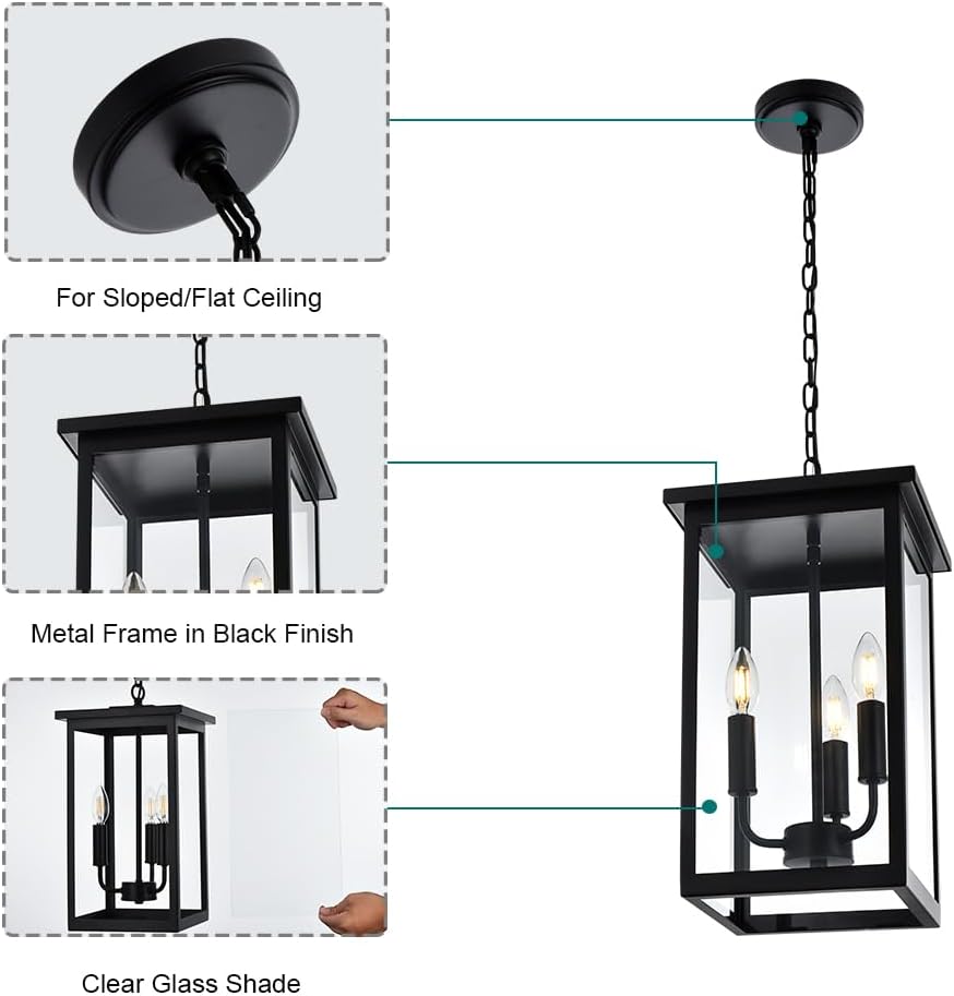 3 Lights Indoor Pendant Light Black Outdoor Chandelier Exterior Hanging Fixture Ceiling Mount with Clear Glass Shade Hanging Lantern Light Adjustable Pendant Light for Outdoor Hallway