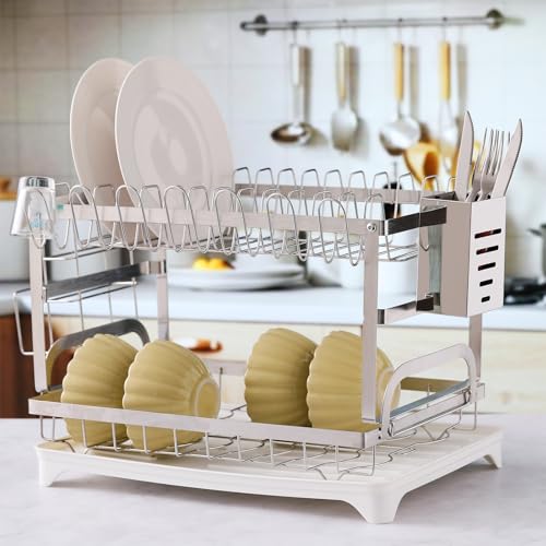 LemonRoad 2 Tier Dish Drying Rack Set Large Capacity Stainless Steel Dish Drainer Rack for Kitchen Counter Removable Plate Strainer Shelf with Drain Board Utensil Holder Drain Spout Cup Holder, Sliver by LemonRoad - Used condition - Image 6
