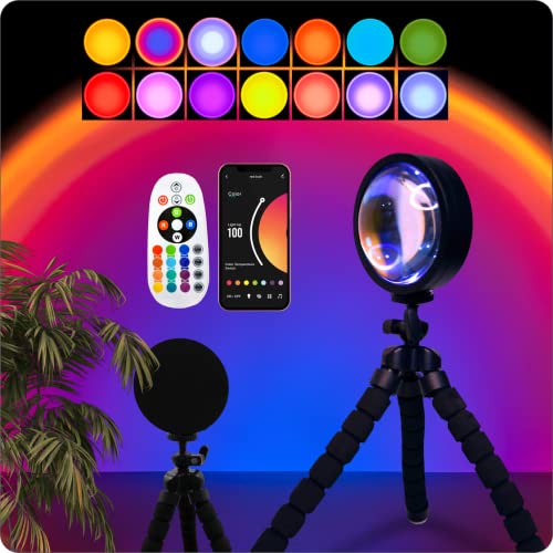 ELMBROOK - Sunset Lamp App Controlled, Tripod Style, LED Sunset Projection Lamp with 16 Colorful Lights, Remote Control, Phone App - 360 Rotation Sun Lamp for Home Decor, Christmas Party, Photography
