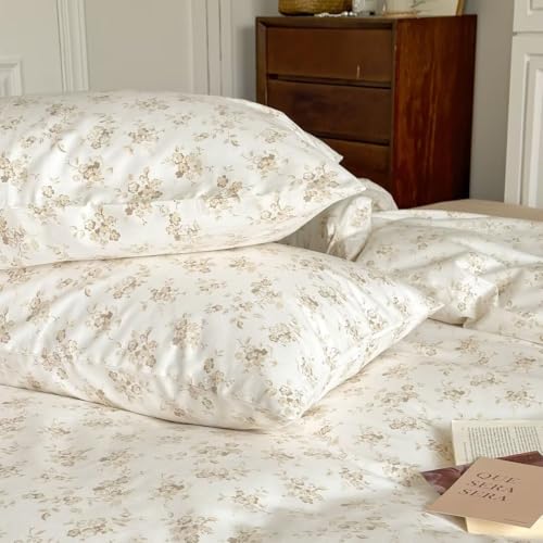 Image of MKXI White Garden Duvet Cover Beige Floral 100% Cotton Coquette Duvet Cover Queen Set Shabby Chic Aesthetic Bedding Vintage Comforter Quilt Cover Twin
