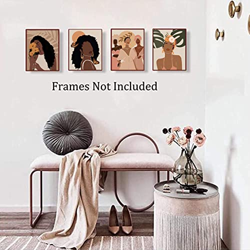 African American Woman Art,Modern Minimalist Black Woman Leaf Art Painting，Girl Wall Art Fashion Pop Boho Queen Girl Room Poster Painting Female Bathroom Bedroom Dressing Room Wall Home Decor,Set Of 4 (8"X 10"）No Frame #TOP3