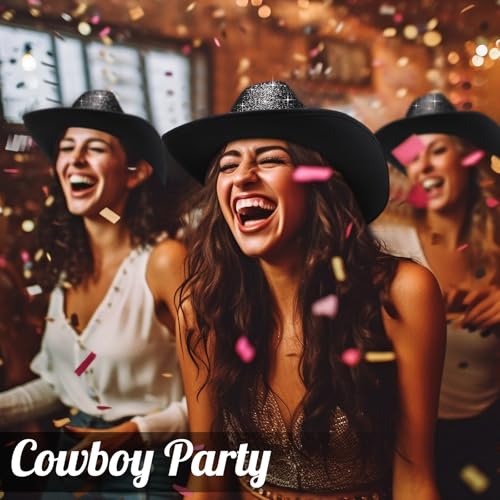 Image of Coume 12 Pcs Sparkly Adults Cowboy Hat and Bandanas Women Men Western Glitter Cowgirl Party Hats with Adjustable Drawstring