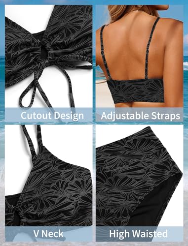 Image of ZAFUL Bikini Sets for Women String 2 Piece Swimsuits High Waisted Bathing Suit V Neck Cut Out Swimwear