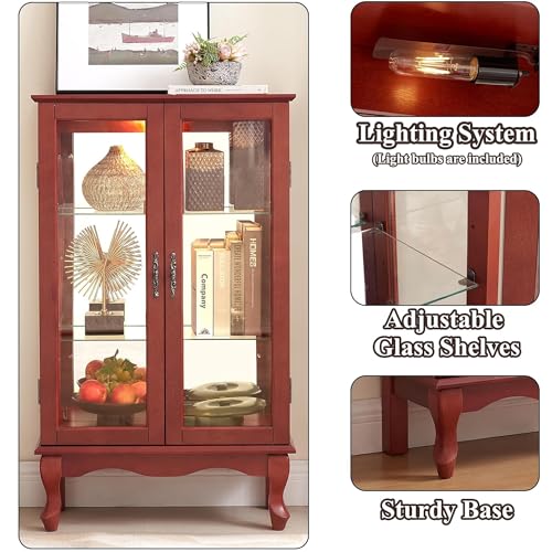 Image of 43 inch H Lighted Curio Cabinet Display Case with Light Bulb, Glass Curio Cabinet with Adjustable Shelves & Tempered Glass Door, Wooden Cabinets w /Mirrored Back Pane for Living Room(Cherry)