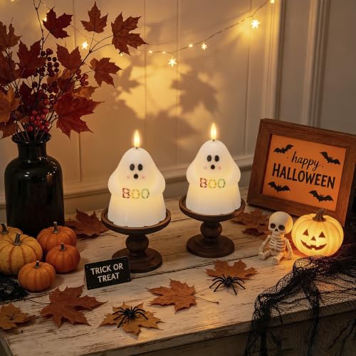 Image of Ghost Halloween Flameless Candles with BOO, Remote Timer Battery Operated | Flickering LED Candles, Spooky Cute Halloween Decor, Real Wax, Hand Painted, Table Home Party Festival Decoration Gift, 2Pack