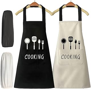 N+U 2 Pezzi Grembiule da Cucina Con 2 Manica,Grembiule Barbecue con 1 Tasche,Grembiule Impermeabile,Cucina Uomo Donna (Nero, Bianca)