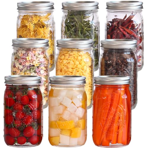eleganttime Wide Mouth Mason Jars 32 oz,9 Pack Quart Mason Jars With Airtight lids and Bands,Clear Canning Jars 32 oz for Preserving,Meal Prep,Overnight Oats,Fermenting, Pickling
