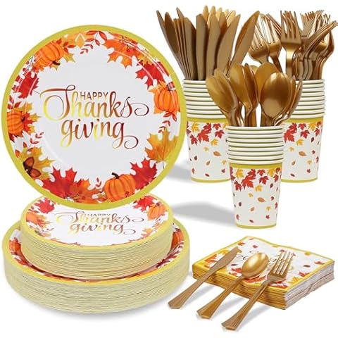 ANALIM 350 PCS Thanksgiving Disposable Paper Plates Dinnerware Set Includes Dinner Plates Dessert Plates Cups Napkins Knives Forks Spoons, Maple Leaves Pumpkin Thanksgiving Party Supplies Cover