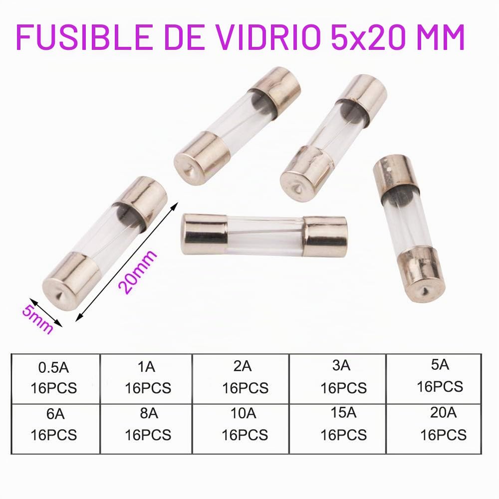 RUNCCI-YUN Kit de 160 Fusibles de Tubo de Vidrio de Coche, Fusibles de Tubo de Vidrio de Soplado Rápido, 250 V 5x20mm (0.5A 1A 2A 3A 5A 6A 8A 10A 15A 20A)