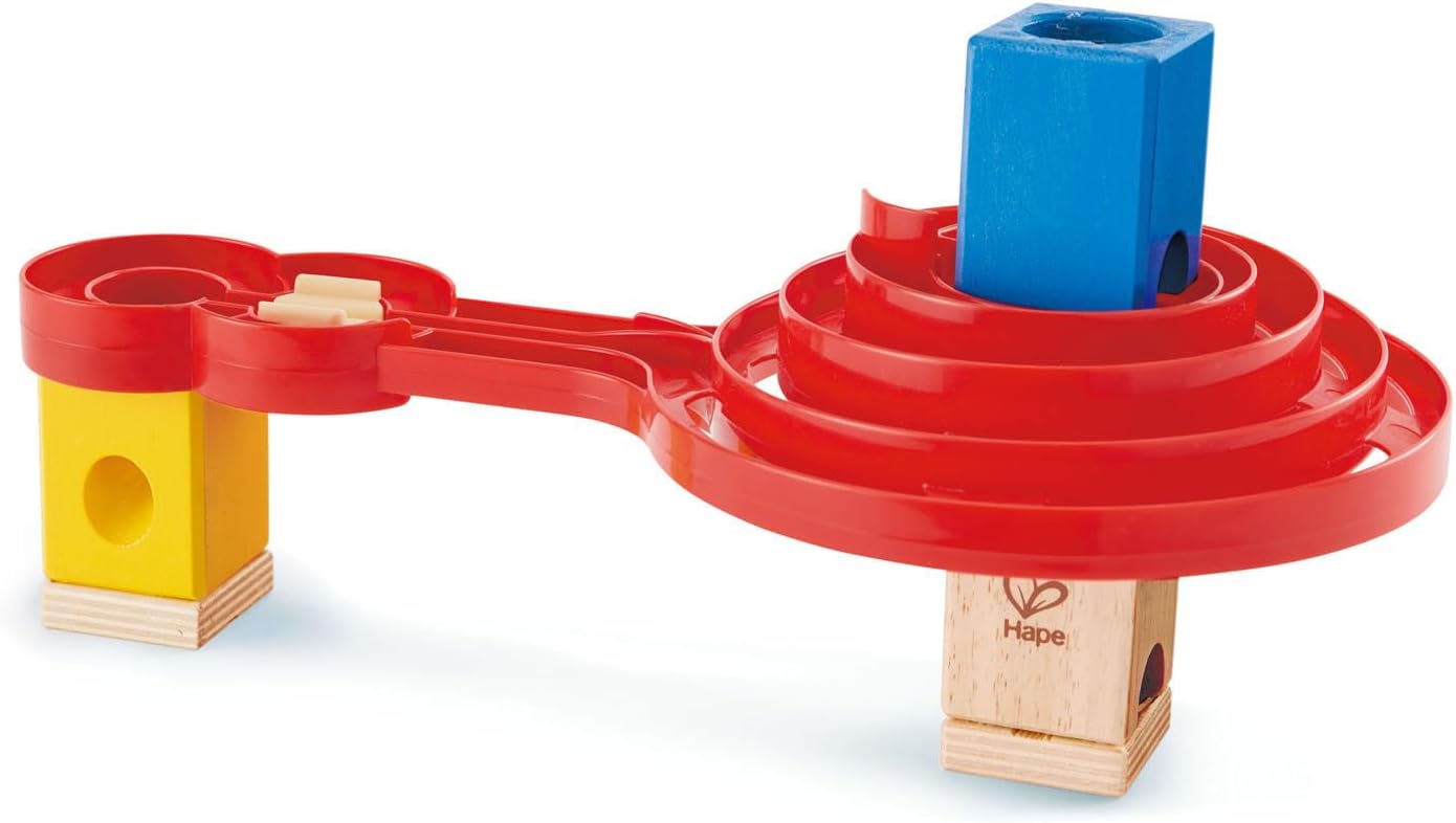 Individual components of the Hape Double Sided Spiral Twist Toy, including the red spiral track and various connecting blocks