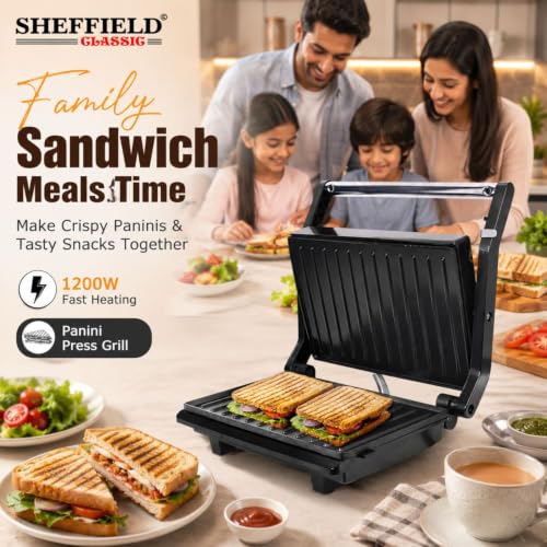 Image of SHEFFIELD CLASSIC 1200W Sandwich Griller & Toaster | 180 Open Flat Contact Grill with Fixed Non-Stick Plates, Adjustable Height Control & Automatic LED Indicators (White)