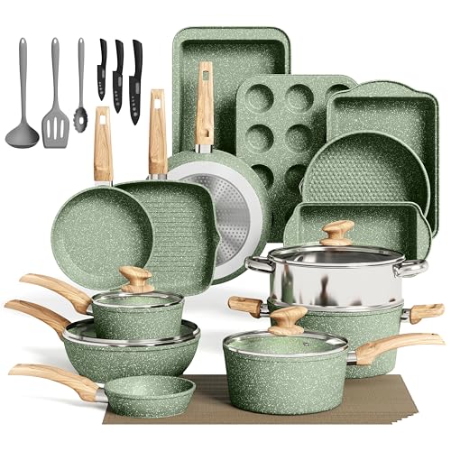 MAISON ARTS Juego de 30 ollas y sartenes – Juego de utensilios de cocina y utensilios para hornear con revestimiento de granito antiadherente, sartenes para hornear y sartenes