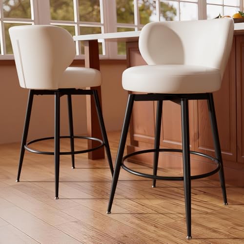 Image of 26 inch Cream White Bar Stools Set of 2, Swivel Kitchen Island Chairs