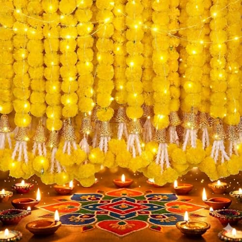 Image of DIYANA IMPEX Marigold Garland for Decoration 5 Pcs of 5 feet Long Strands Artificial Marigold Flowers with Bell, Indian Decor for Pooja /Diwali /Wedding /Christmas (Yellow)