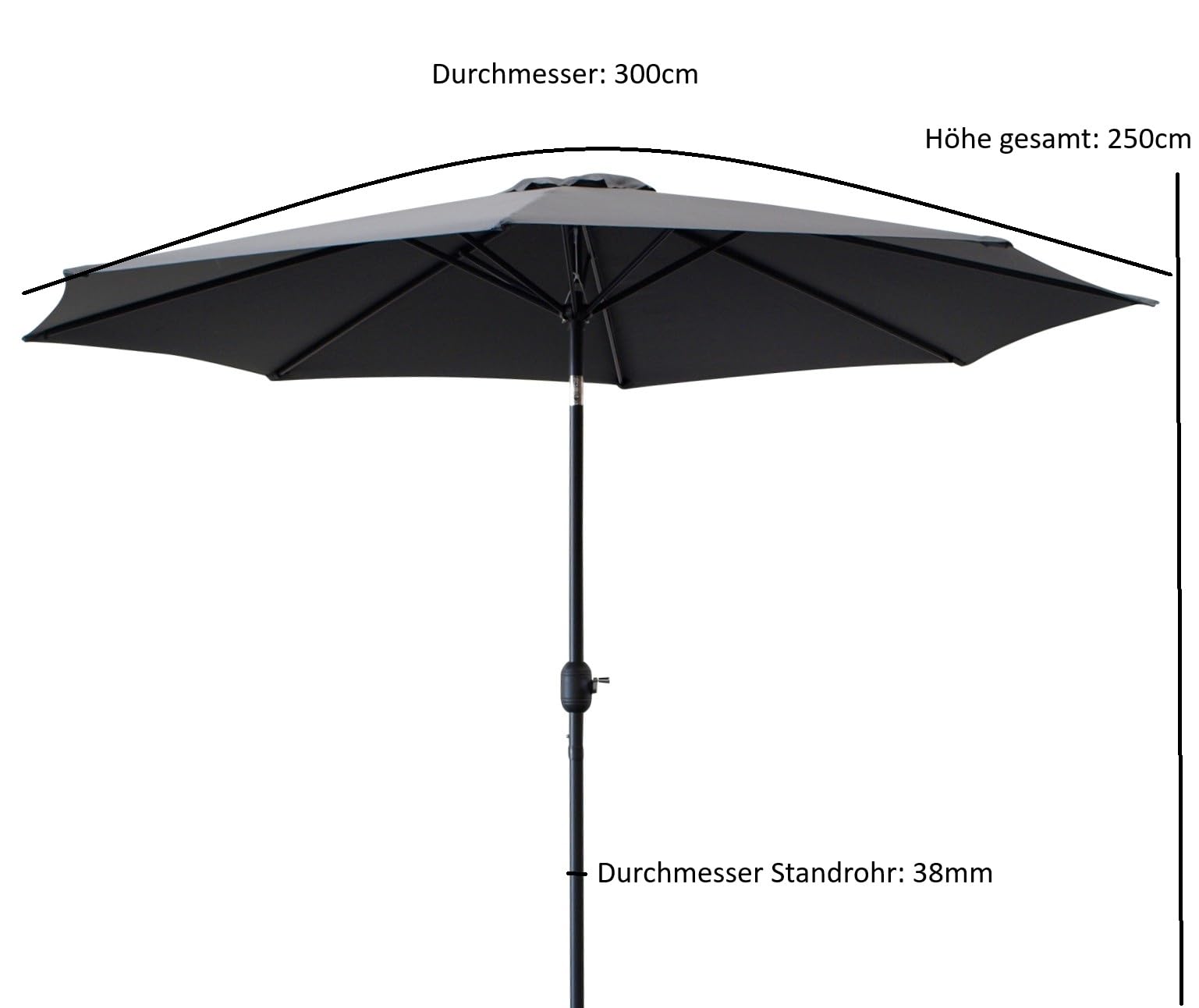 DEGAMO Marktschirm 300cm mit Kurbel grau, knickbar, Material Bezug 100% Polyester, Metall, Gewicht 6kg