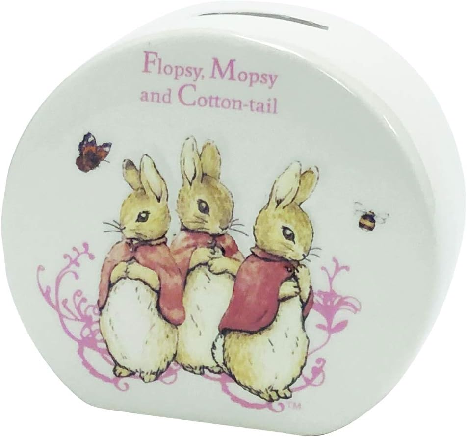 Enesco Beatrix Potter Flopsy Mopsy and Cottontail Baby Nursery Coin Bank, 3.94 Inch, White