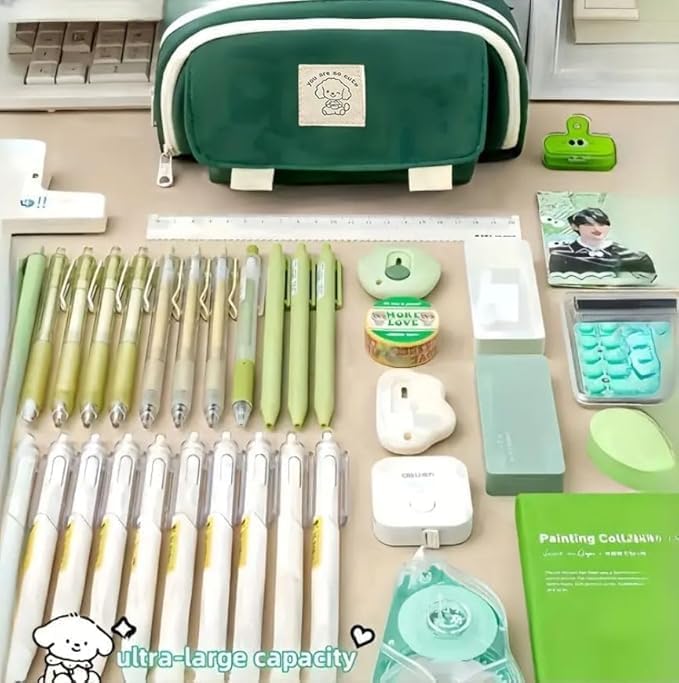 Image of Canvas School Bag Pencil Case, 3 Layer 6 Compartment Large Capacity, Aesthetic Pencil Pouch for Stationary, Cute Stationery for Kids, Pencil Case for Girls & Boys (Kimi Land Green)