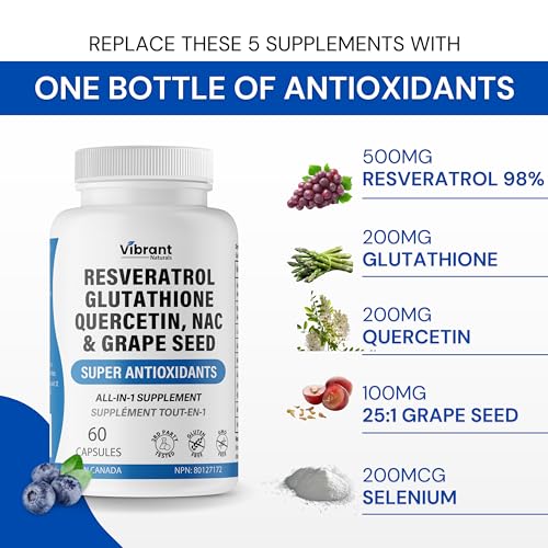 Resveratrol 500mg Glutathione 200mg Quercetin 200mg Grape Seed Extract - Antioxidant Supplement For Women and Men with N-Acetyl Cysteine and Selenium, Made in Canada 60 Capsules - Image 3