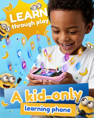 Image of KOKODI Kids Smart Phone Toys, Minions Collab Birthday Gifts for 3 4 5 6 7 8 Year Old Boys, Touchscreen HD Digital Dual Video Camera, Preschool Learning Toy for Kids 3-5 Travel Trip Activity (Pink)