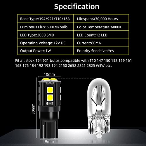 Aoicanki 921 194 Interior Led Light Bulbs For Rv, T10 168 912 Led Bulbs Replacement For Camper Trailer Motorhome Marine Boat Indoor Ceiling Dome Map License Lights,Backup Reverse Lights (White, 20) #TOP1
