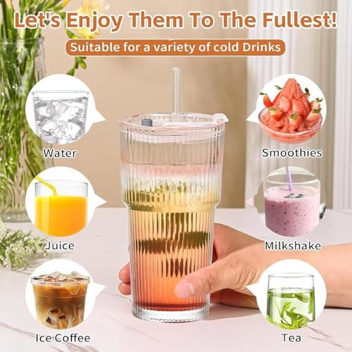 Image of COOLBIT 320ml Glass Sipper with Straw and Lid | Ribbed Glass Tumbler with Bamboo Lid | Reusable Drinking Glass for Coffee, Juice, Smoothie & Cold Drinks (600ml)