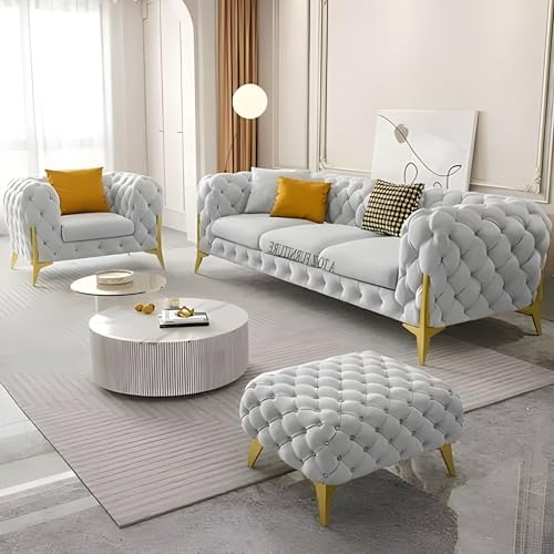 Image of A to Z Furniture Modern Classic Fabric & Valvet Tufted Chesterfield Sofa Living Room and Office (3+1= 4 Seater Sofa Set with Footrest Grey)
