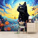 Fototapete 3D Effekt Bunte Cartoon-Landschaft 230x180cm，Katze Mit Blumen Vlies tapeten für Schlafzimmer Wohnzimmer