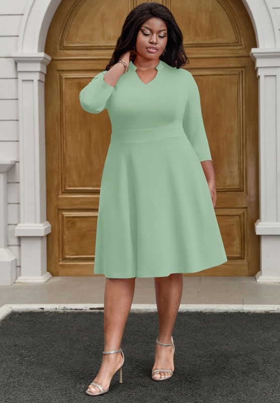 Church Dress for Women V Neck 3/4 Sleeve Midi Causal Cocktail Party A-Line Dresses with Pockets - Image 6