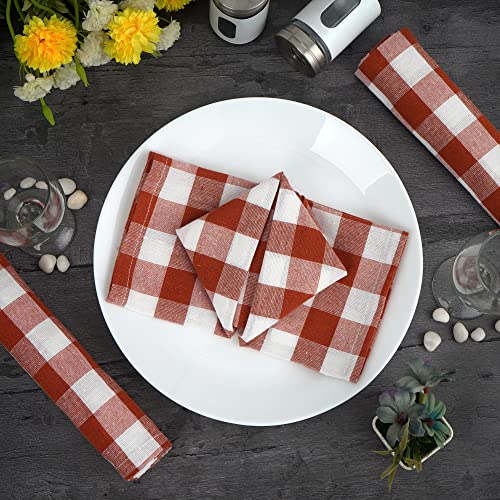 Image of FINGERCRAFT Dinner Table Napkins, Pack of 12, Everyday Use, Quality Cotton Buffalo Plaid Cloth Napkins Washable & Reusable 20in x 20in, Rust /White