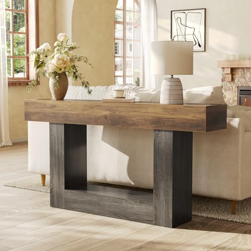LITTLE TREE 63 Inches Long Console Table, 2-Tier Farmhouse Sofa Table Behind Couch, Large Narrow Entryway Table for Living Room, Wooden Hallway Foyer Table with Heavy Duty Base, Rustic Brown and Grey by LITTLE TREE - Image 2