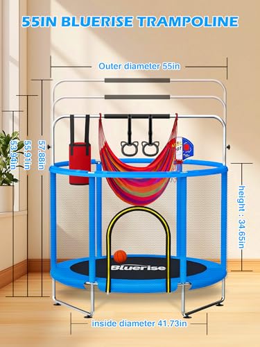 BLUERISE 55IN 6FT Toddler Trampoline — Indoor/Outdoor Kids Trampoline with Safety Net, Gymnastics Bar & Basketball Hoop Image 5