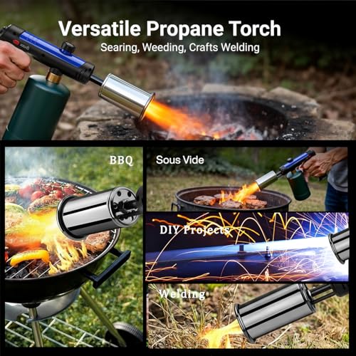 Image of Propane Torch Gun With One-Touch Max Fire, Adjustable Kitchen Torch, Powerful Propane Torch With Many Safety Features(Tank Not Included)-Blue