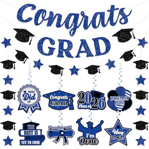 Black and Blue Graduation Party Decorations 2026 Congrats Grad Banner NO-DIY Graduation Decorations Class of 2026 Congratulations Graduate Banner