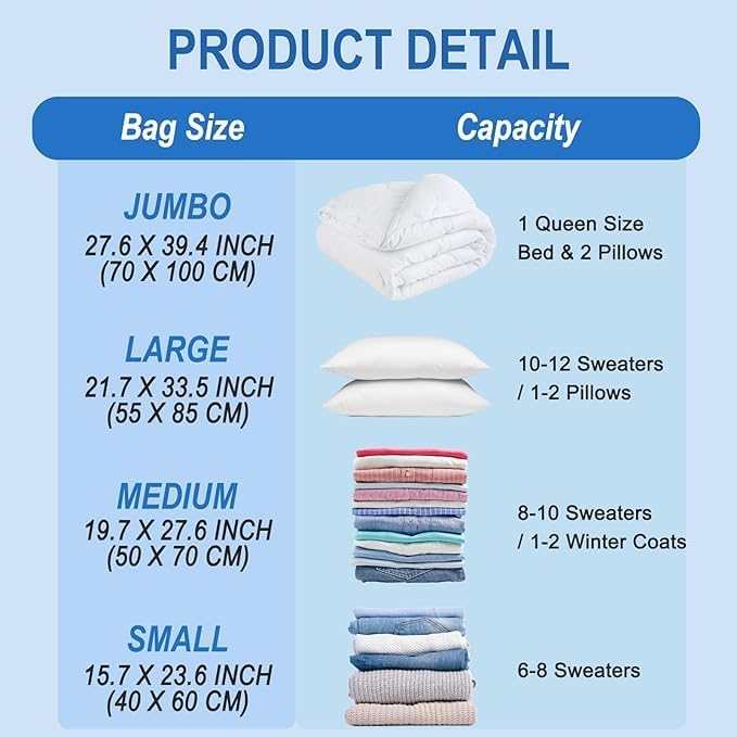 Image of Leafly Vacuum Storage Bags with Hand Pump, Plastic Packaging Bags, 80% Space Saver Vacuum Seal Bags for Clothing, Travel Lugggage, Blankets, Comforters (Vaccum Storage Bag-12 Combo)