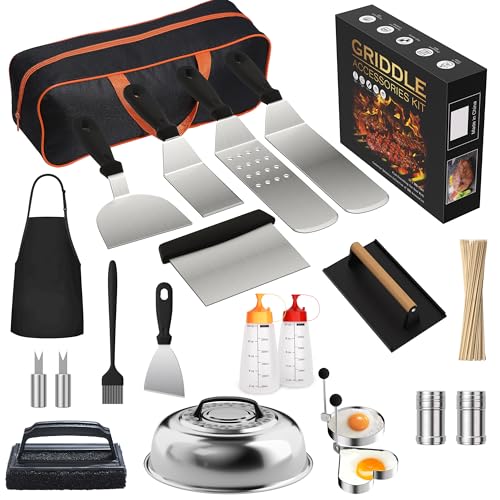 Comparison: Best Griddle Accessories Kit 5 120 Pcs Griddle Accessories Kit for Blackstone - Perfect Flat Top Grill Accessories for Outdoor, Professional Round Melting Dome with Cast Iron Smash Burger Press for Barbecue.