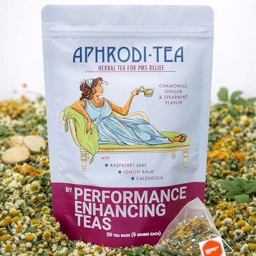 PMS Relief Herbal Tea | X-Large 5g Tea Bags | with Raspberry Leaf, Calendula and Lemon Balm | Chamomile, Ginger and Spearmint Flavor | 20 Pack Bag | Aphrodi-Tea by Performance Enhancing Teas