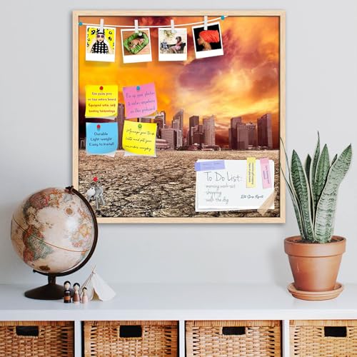 Image of ArtzFolio City Overlooking Desolate Desert | Bulletin Board Notice Pin Board | Vision Soft Board Combo with Thumb Push Pins & Sticky Notes | Natural Brown Frame | 20 x 20 inch (51 x 51 cms)