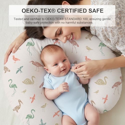 Image of Little Grape Land Muslin Nursing Pillow Covers, 100% Cotton Removable Breastfeeding Pillow Covers, Breathable Slipcover for Baby Boys & Girls, (Wetland Birds & Rosy)