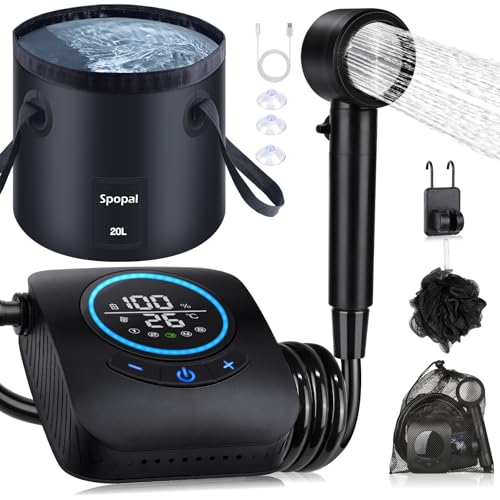 Spopal Ducha Portatil Camping, [Pantalla Temperatura] 8000mAh Recargable Ducha Camper con 20L Cubo Plegable, Modo de 5 Velocidad, Ducha Electrica para Acampar, Hacer Caminatas, Duchas para Perros