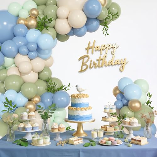 Image of Ouddy Life 157 Pcs Sage Green and Blue Balloons Garland Arch Kit, Dusty Blue Green Sand White Metallic Gold Balloon Different Size for Boho Bridal Baby Shower Birthday Anniversary Party Decorations